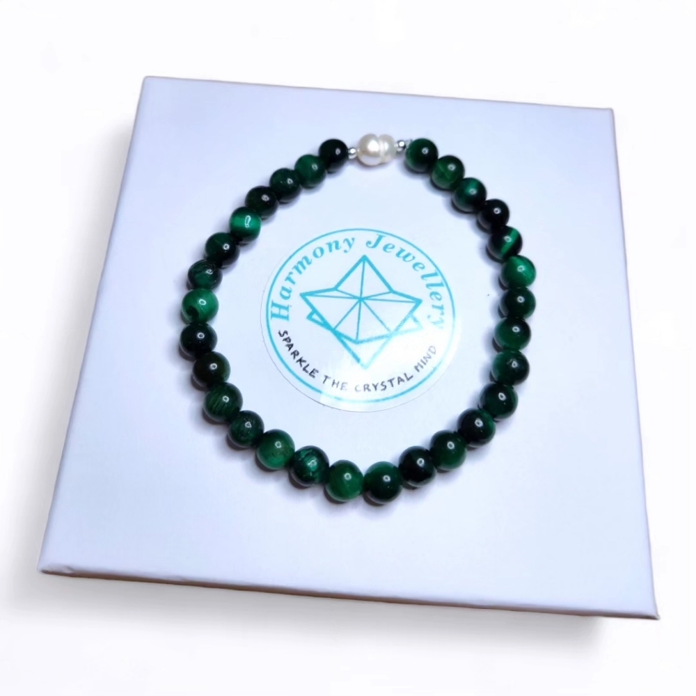 6 mm Green Tiger Eye Freshwater Pearl bracelet